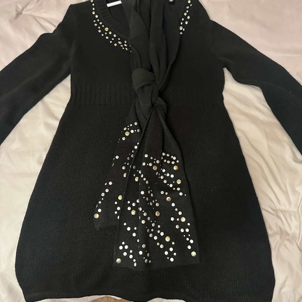 Style & co Black Sweater Dress with Gold Detailing on scarf.